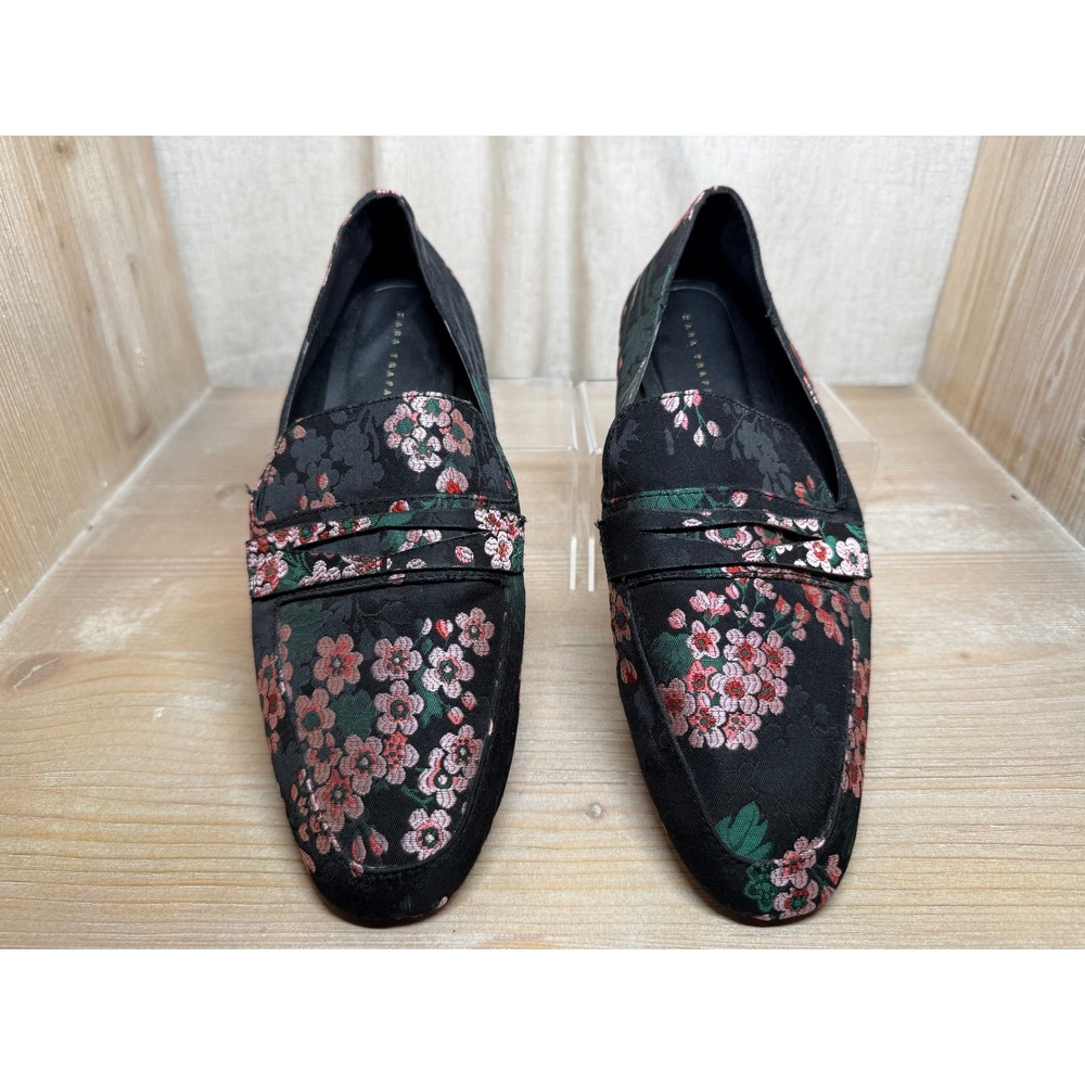 Zara Trafaluc Womens Black Floral Embroidered Loafers Pink Blossom Flats Size 40